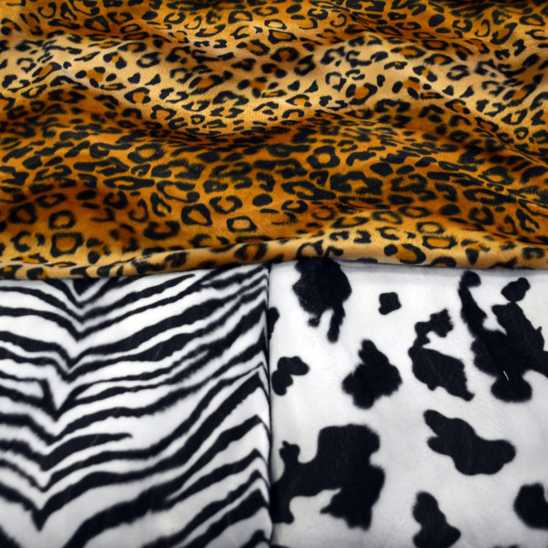 Velboa Faux Fur Polyester Fabric - White Black Zebra, White Black Cow, Gold Leopard, 60" Width (1 Yard)
