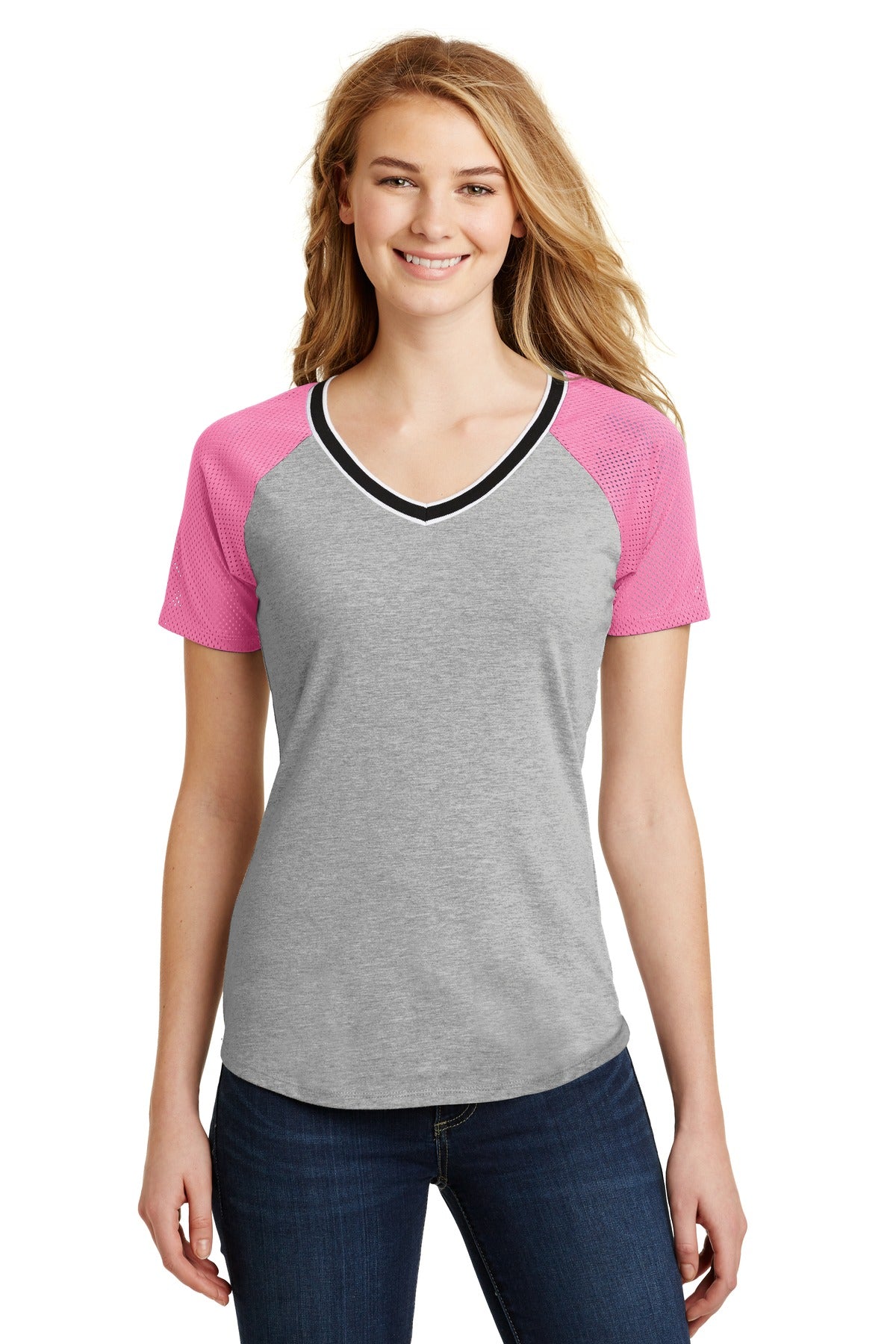 DISCONTINUED District® Juniors Mesh Sleeve V-Neck Tee