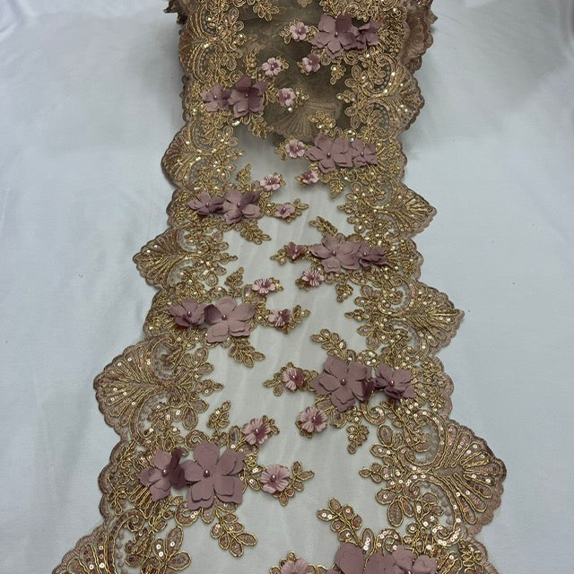 VT-33 Sequin 3D Lace Fabric With Embroideries On Mesh With Pearls - Baby Blue, 33-Cm Width