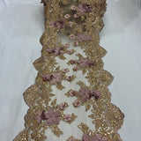 VT-33 Sequin 3D Lace Fabric With Embroideries On Mesh With Pearls - Baby Blue, 33-Cm Width