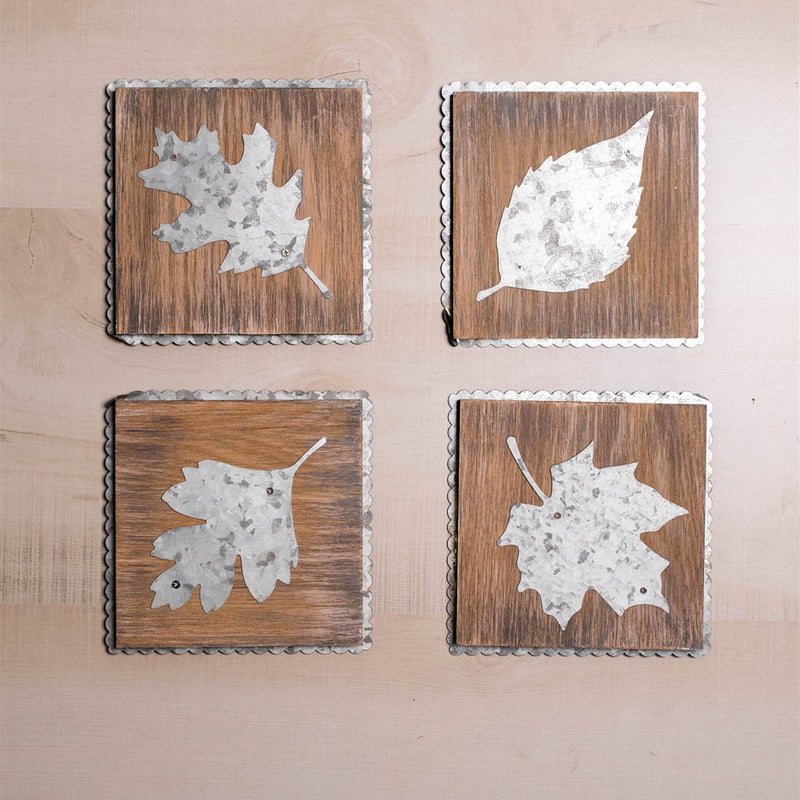 5.5 Inch x 5.5 Inch Tin Galvanized Leaf Wall Decor Rustic Autumn Metal and Wood Accent