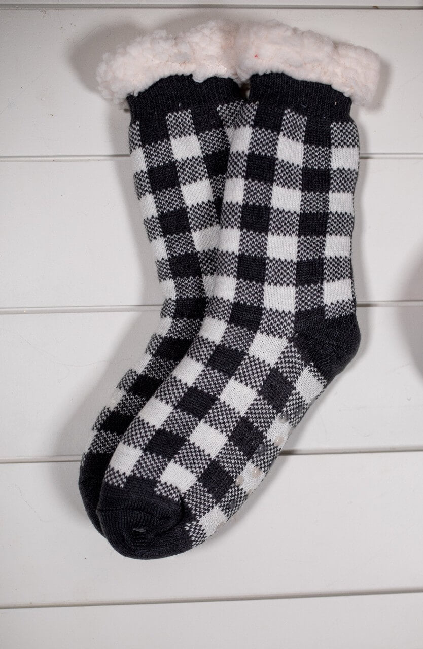 Buffalo Plaid Thermal Slipper Socks with Non-Slip Grippers