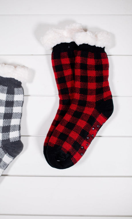 Buffalo Plaid Thermal Slipper Socks with Non-Slip Grippers
