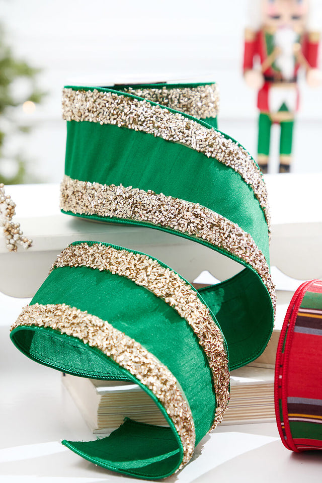 4" x 5 Yard Green Dupioni with Champagne Edged Ribbon