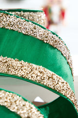 4" x 5 Yard Green Dupioni with Champagne Edged Ribbon