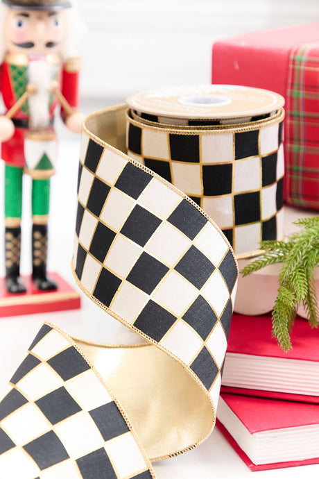 4" x 5 Yard Black & White Checkered Print with Gold Lame Backed Ribbon