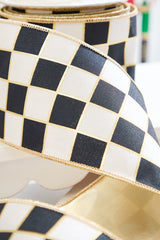 4" x 5 Yard Black & White Checkered Print with Gold Lame Backed Ribbon