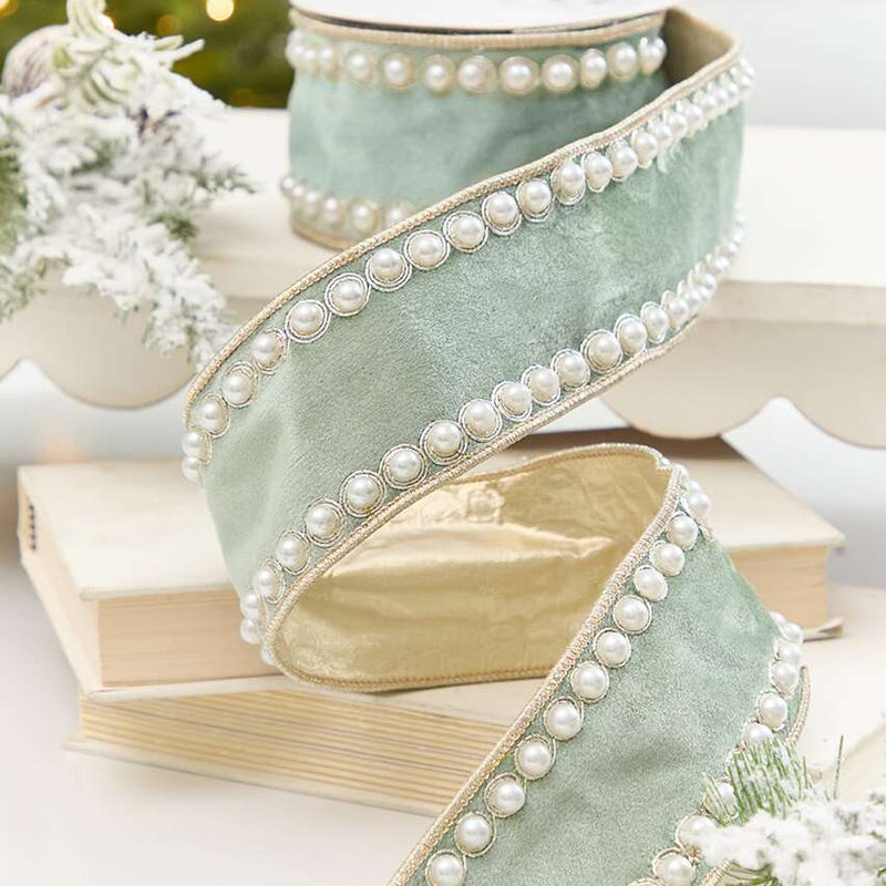 2.5" x 5 Yard Mint Velvet with Pearl Trim Embroidery Ribbon