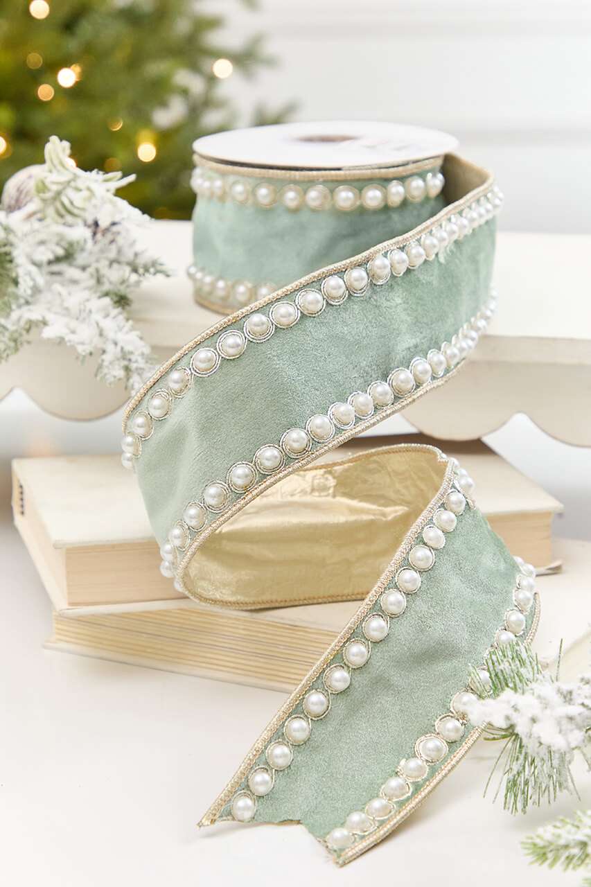 2.5" x 5 Yard Mint Velvet with Pearl Trim Embroidery Ribbon