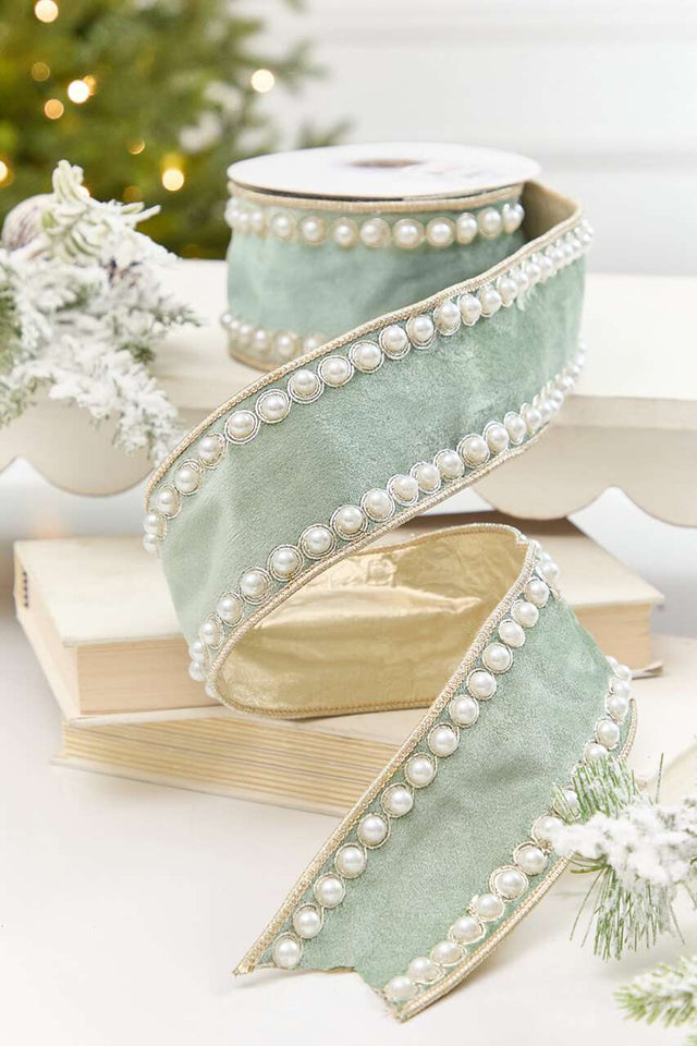 2.5" x 5 Yard Mint Velvet with Pearl Trim Embroidery Ribbon