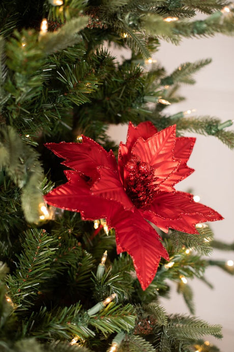 22” x 10.5" Red Metallic Glitter Edge Poinsettia Stem