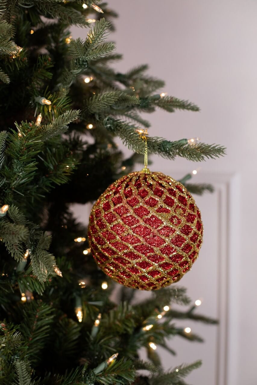 6 Inch Glittered 2 Tone Net Ball Christmas Ornament Red Gold