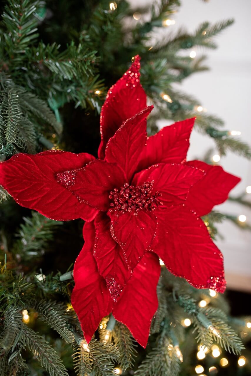 22” x 15" Velvet Glitter Poinsettia Stem - Red