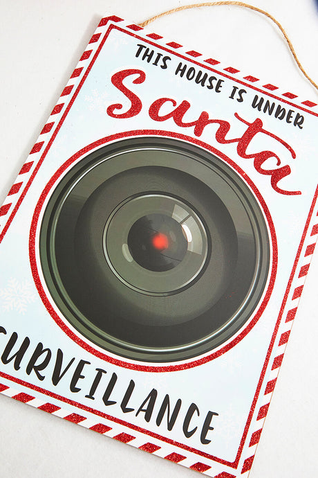 16" x 12" White With Peppermint Trim Santa Surveillance Sign