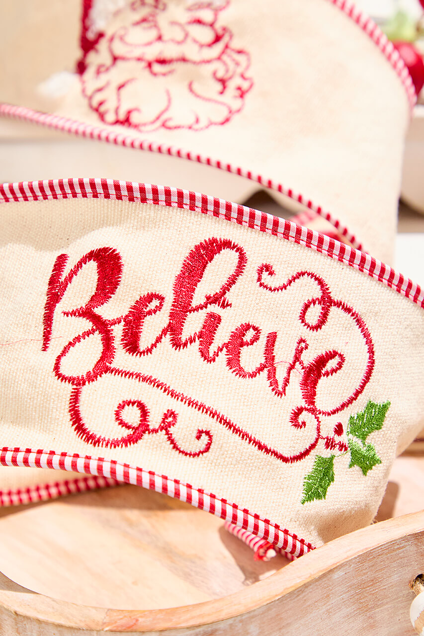 4" x 5 Yard Embroidered Santa Face/Believe Ribbon