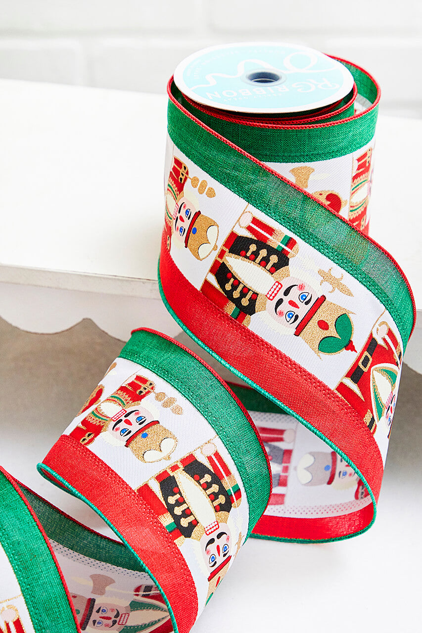4 Inch x 10 Yard Red Green White Nutcracker Wired Ribbon Decor