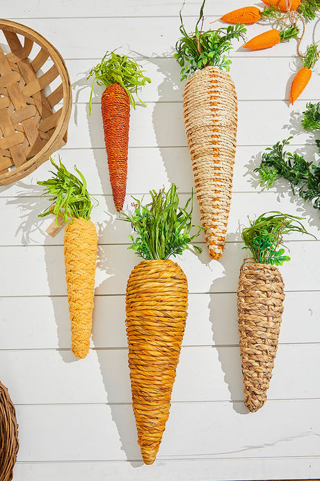 23.5" Carrot Ornament Natural Green Rustic Spring Easter Decorative Accent with Woven Texture and Orange Detail for Wreaths Mantels and Seasonal Displays