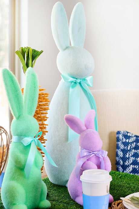16" Flocked Bunny with Ribbon Easter Spring Decorative Figure