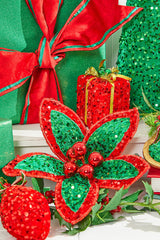 22 Inch Red Green Sequin Poinsettia Stem Christmas Tree Decor