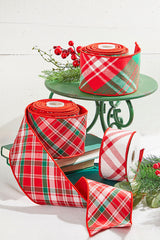 2.5 Inchi x 5 Yard Red/White Plaid Taffeta Back Ribbon Festive Wired Holiday Craft Ribbon