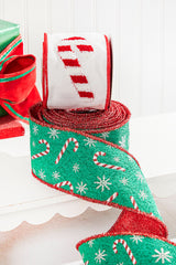 4" x 10 Yard Green/Red Candy Cane Jacquard Ribbon