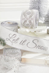 4 Inch x 5 Yard Let It Snow White Embroidered Wired Christmas Ribbon Holiday Winter Gift Wrapping Wreath Tree Decoration Accent