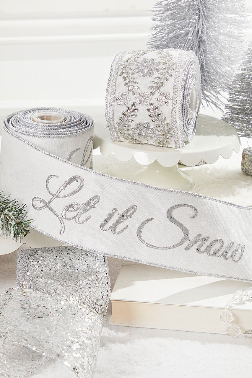 4" x 5 Yard Let It Snow White Embroidered Ribbon
