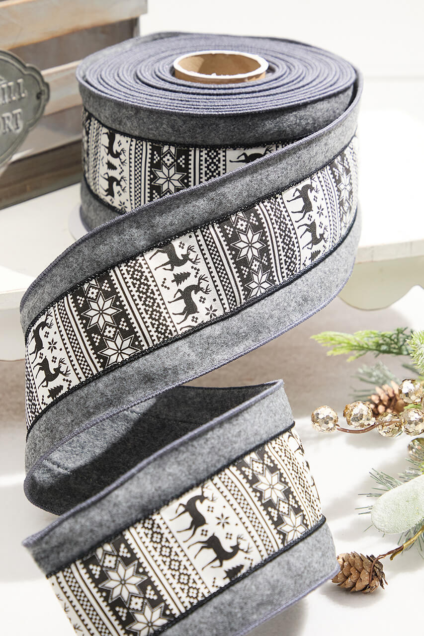4” x 10 Yard Gray Wool Edge Scandinavian Center Stripe Ribbon
