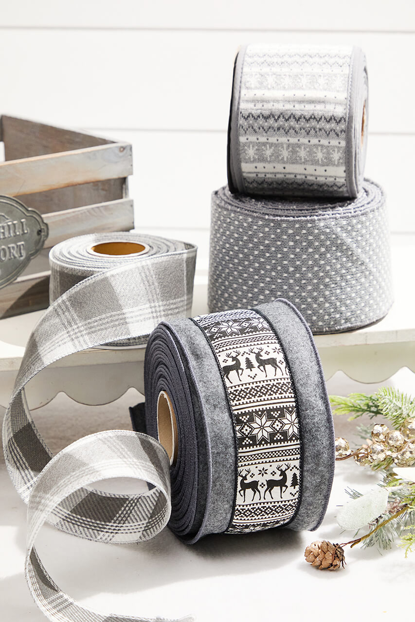 4” x 10 Yard Gray Wool Edge Scandinavian Center Stripe Ribbon
