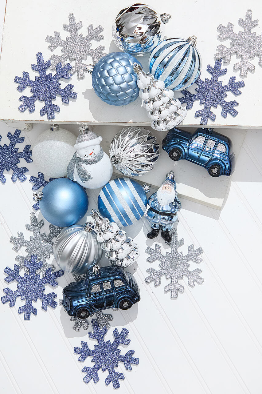Christmas Shatterproof 25 Piece Assortment - Silver, Blue