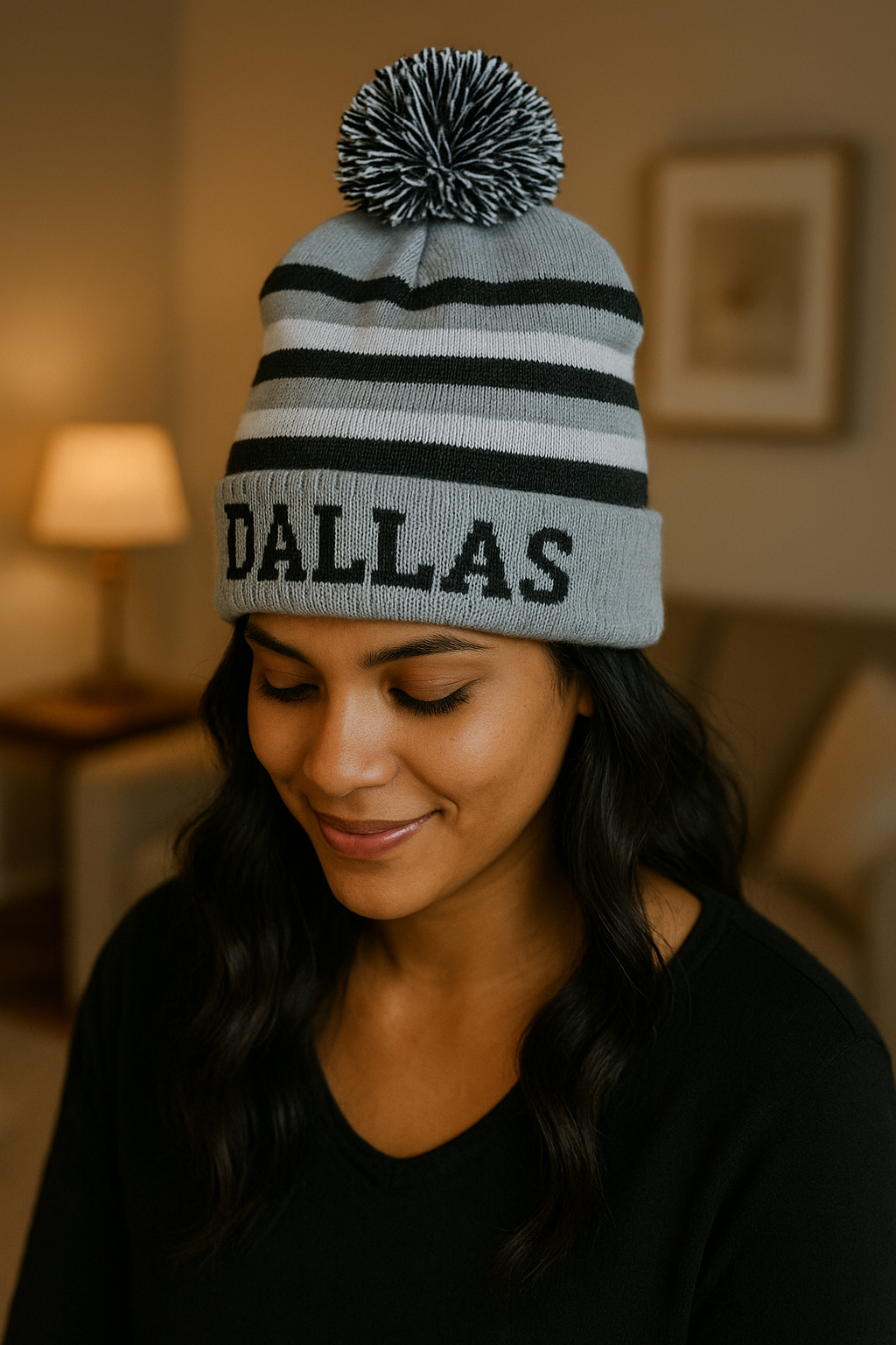Dallas And Striped Beanies Acrylic Fabric - Black, Woven Design, One Size Fits All (1 Piece)