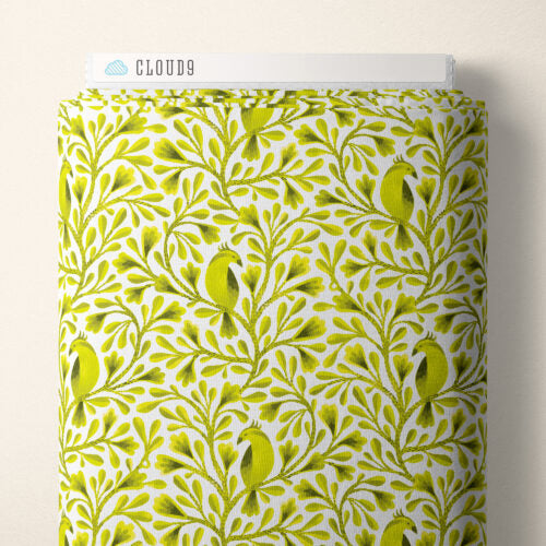Cotton Birds and Branches Fabric Dark Lime Citrine 44/45"