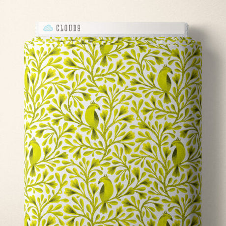 Cotton Birds and Branches Fabric Dark Lime Citrine 44/45"
