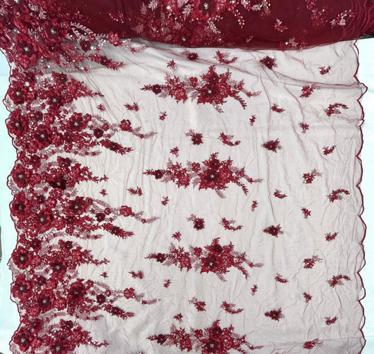 1 Yard Beaded 3D Floral Lace Fabric Embroidered 100 Percent Polyester Net Mesh 51 inch Width