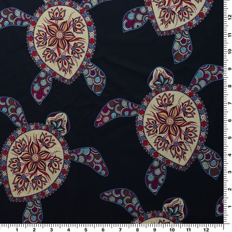 Decorated Sea Turtles Printed Nylon Spandex Fabric - Blue Sea Turtles Print, 58/60" Width (1 Yard)