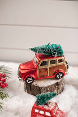 Glass Car with Bottle Brush Tree Décor