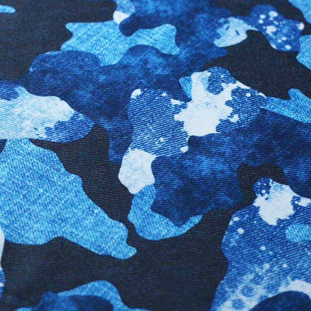 Denim Camo Blue Poly Spandex Fabric - Blue Camouflage Print, 58-60" Width (1 Yard)