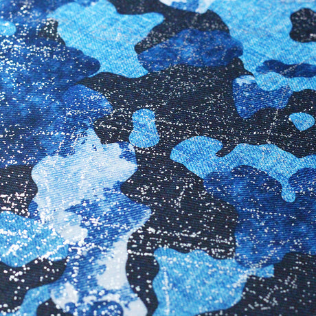 Denim Camo Blue Poly Spandex Fabric - Blue Camouflage Print, 58-60" Width (1 Yard)