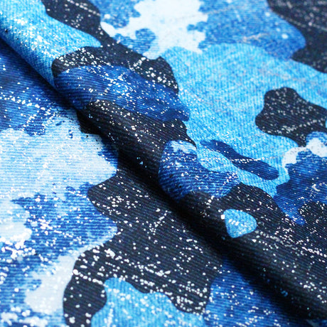 Denim Camo Blue Poly Spandex Fabric - Blue Camouflage Print, 58-60" Width (1 Yard)