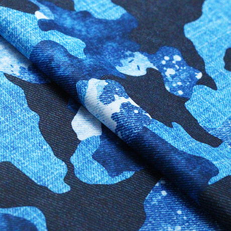 Denim Camo Blue Poly Spandex Fabric - Blue Camouflage Print, 58-60" Width (1 Yard)