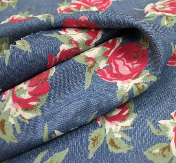 1 yard Blue & Pink Printed Denim Fabric – 58/60" Wide Cotton Blend for Jeans, Jackets & Home Décor