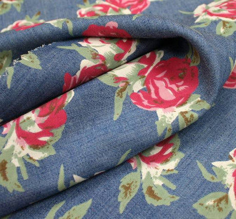 1 yard Blue & Pink Printed Denim Fabric – 58/60" Wide Cotton Blend for Jeans, Jackets & Home Décor