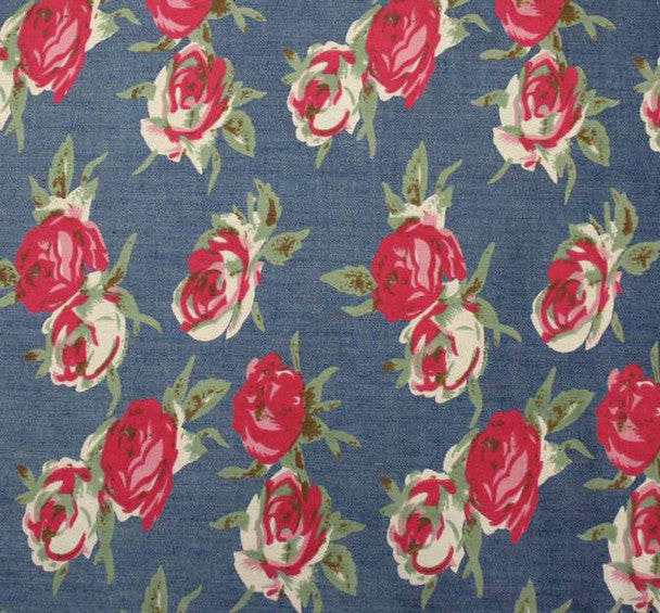 1 yard Blue & Pink Printed Denim Fabric – 58/60" Wide Cotton Blend for Jeans, Jackets & Home Décor