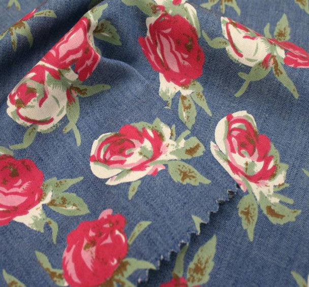 1 yard Blue & Pink Printed Denim Fabric – 58/60" Wide Cotton Blend for Jeans, Jackets & Home Décor