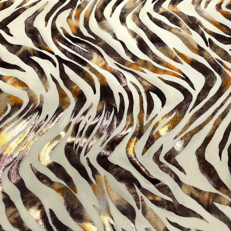 Desert Zebra Nylon Spandex Fabric - Foil Printed Zebra Pattern, 56" Width (1 Yard)