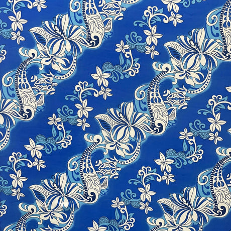 Diagonal Hibiscus Plumeria Sea Turtle Swirl Design Peachskin Fabric - Multi Color Tropical Print, 45" Width (1 Yard)