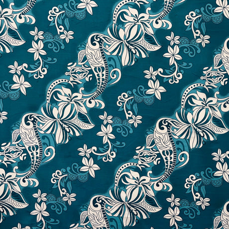 Diagonal Hibiscus Plumeria Sea Turtle Swirl Design Peachskin Fabric - Multi Color Tropical Print, 45" Width (1 Yard)