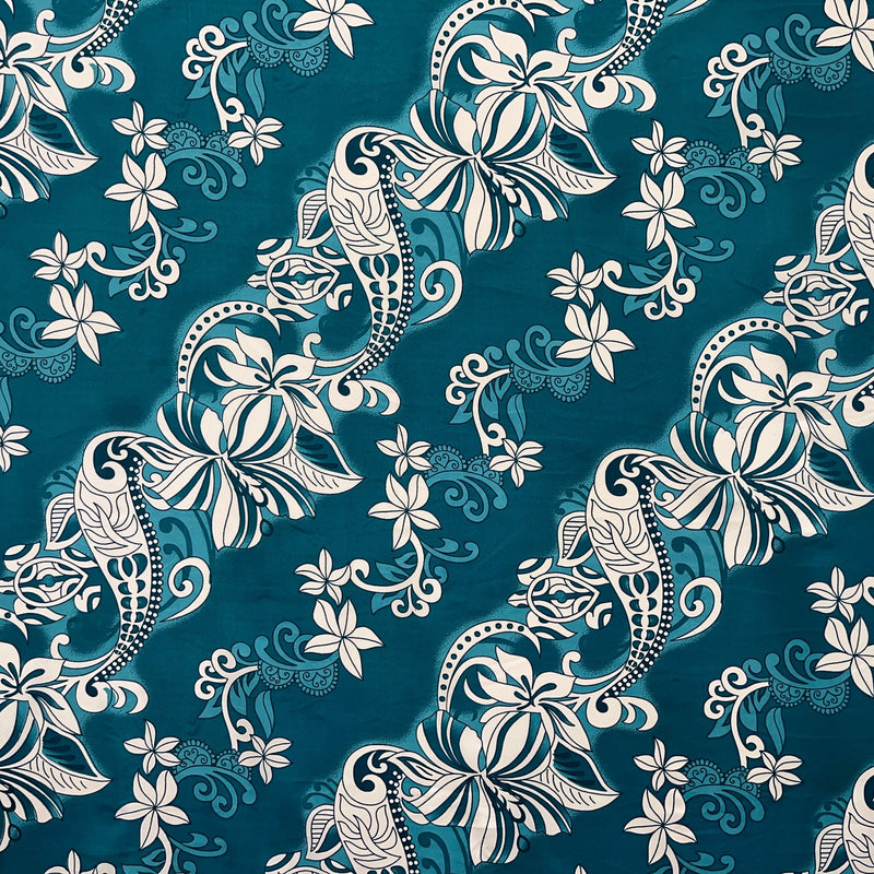 Diagonal Hibiscus Plumeria Sea Turtle Swirl Design Peachskin Fabric - Gray, Teal, Yellow, Orange, Red, Green, Purple, Royal, 45" Width (1 Yard)