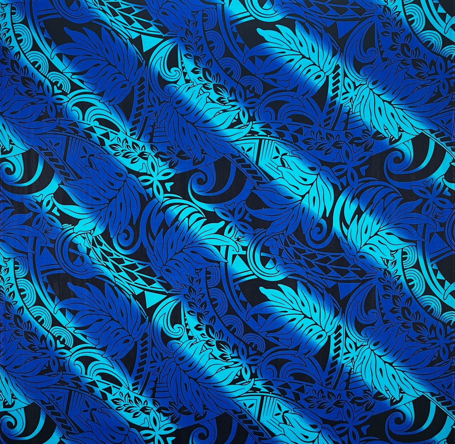 Diagonal Traditional Tattoo Gradient Design With Tropical Leaves Rayon Poplin Fabric - Yellow/Fuchsia, Blue/Magenta, Light Pink/Red, Cream/Pink, Green/Blue, Light Blue/Blue, 45" Width (1 Yard)