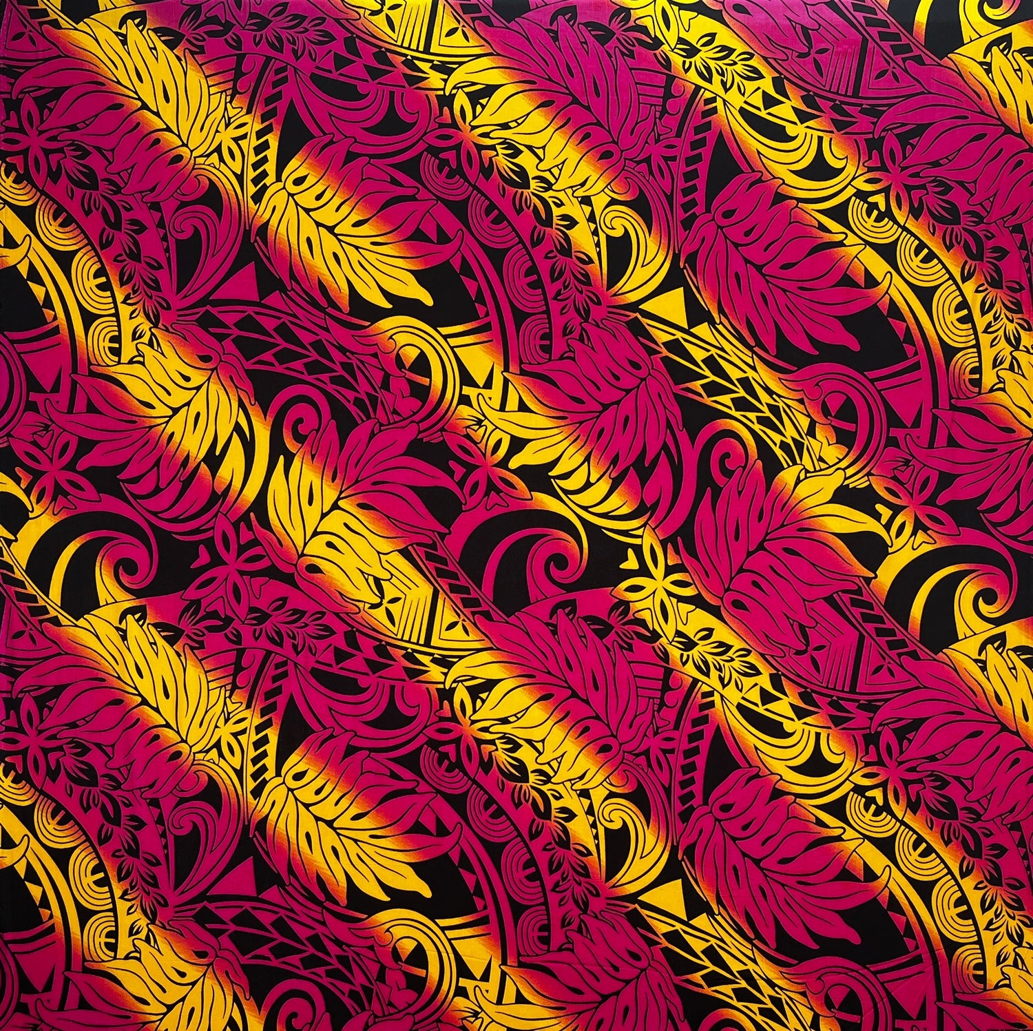 Diagonal Traditional Tattoo Gradient Design With Tropical Leaves Rayon Poplin Fabric - Yellow/Fuchsia, Blue/Magenta, Light Pink/Red, Cream/Pink, Green/Blue, Light Blue/Blue, 45" Width (1 Yard)